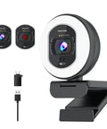 Next Level 4K Webcam With Adjustable Ring Light And Crisp Built In Microphone For Live Streaming shows two camera angles with USB cables.
