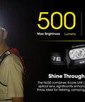 Person wearing NU30 500 Lumen Rechargeable Headlamp With White And Red Beams, illuminating at night with text overlay about features.