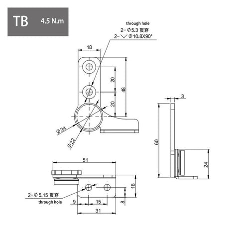 Front and side views of Flozari 304 stainless steel rotary shaft torque hinge with damping, TA-Right, 3.0 N.m.
