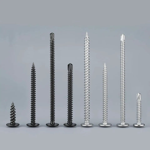 Grab-and-Go Self Drilling Screws Kit, 465 Piece Assortment For Metal Wood Plastic, Modified Truss Head Self Tapping Screws In Sizes 8 And 10, Lengths 1/2 To 1-1/2 Inch, Stainless Steel 410, displayed in a row showing different sizes and finishes.