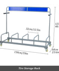 Heavy Duty Metal Tire Storage Rack With Swivel Casters, 150cm long, 123cm tall, organizes tires securely in garage.