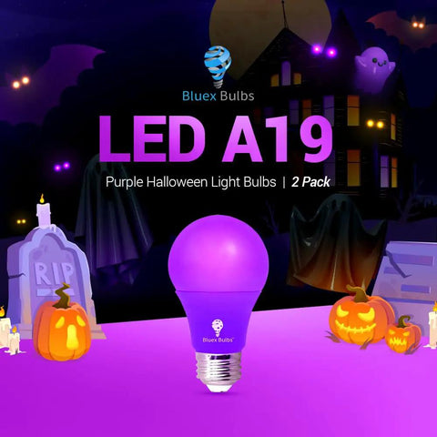 Blue LED A19 2 Pack 9W 60W Equivalent Non Dimmable E26 Base Blue Light Bulbs for Halloween decor with tombstones and pumpkins