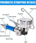 Diagram of Heavy Duty Pneumatic Steel Strapping Machine With Automatic Tension Cutter For 19Mm Banding showing parts and features.