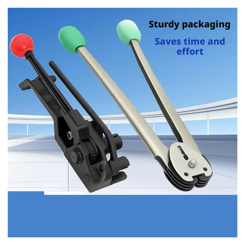 Heavy Duty Manual Strapping Machine Kit With Ratchet Tensioner And Sealer For Steel Pet Pp Bands shown with durable black and silver tools.
