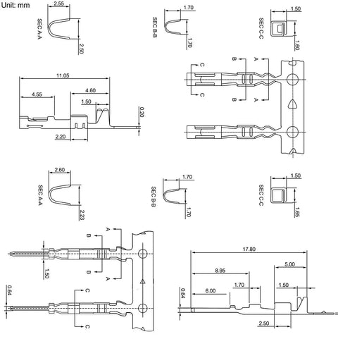 Technical drawing of Dupont Connector Kit With 620 Pcs Crimp Pliers Crimper JST Pro Grade Tool Set Terminal Ferrule Wire Hand Tools specifications.