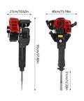 Gas Powered Demolition Jack Hammer 52cc 2 Stroke With Pointed And Flat Chisels shown with dimensions