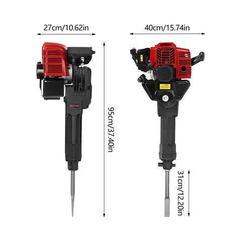 Gas Powered Demolition Jack Hammer 52cc 2 Stroke With Pointed And Flat Chisels shown with dimensions