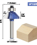 45-degree chamfer router bit with 1/4 inch shank, carbide edges; part of Four Pack 45 Degree Chamfer Router Bit Set With One Quarter Inch Shank Carbide Edges For Beveling And Wood Profiling Great For Edging And DIY Woodworking Includes Bevel Lengths One Quarter Five Sixteenths Three Eighths And One Half Inch