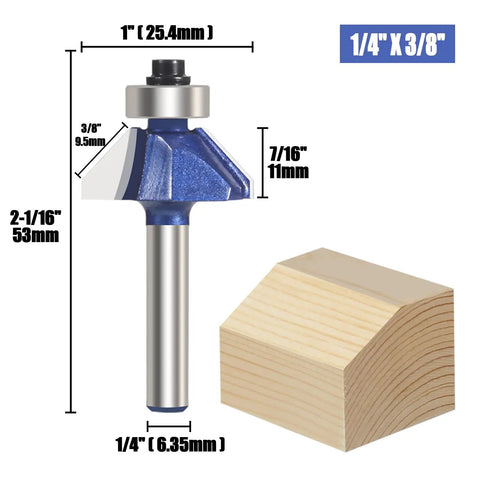 45-degree chamfer router bit with 1/4 inch shank, carbide edges; part of Four Pack 45 Degree Chamfer Router Bit Set With One Quarter Inch Shank Carbide Edges For Beveling And Wood Profiling Great For Edging And DIY Woodworking Includes Bevel Lengths One Quarter Five Sixteenths Three Eighths And One Half Inch
