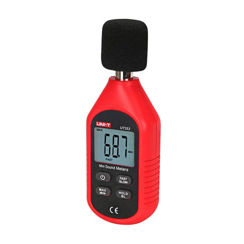 UT353 Decibel Meter Portable Digital Sound Level Meter 30 To 130 dB With Max Min Fast Slow Data Hold LCD Backlit Auto Power Off Lightweight Ergonomic Design For On The Go, red handheld sound meter with foam mic
