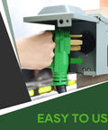 50 Amp 25 Foot RV And EV Extension Cord With NEMA 14 50P Connectors For Level 2 EV Charging And RV Hookups 6250 Watt At 125 Volt And 12500 Watt At 250 Volt Durable Heavy Duty, green plug inserted into outlet