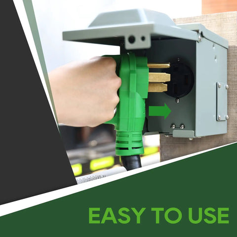 50 Amp 25 Foot RV And EV Extension Cord With NEMA 14 50P Connectors For Level 2 EV Charging And RV Hookups 6250 Watt At 125 Volt And 12500 Watt At 250 Volt Durable Heavy Duty, green plug inserted into outlet