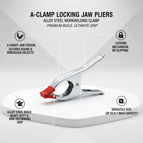 Kick Ass A-Clamp Locking Pliers Made From Tough Alloy Steel Perfect For Pipe And Wood Assembly With Super Secure Grip shown on a white surface.