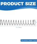 Side view of stainless steel coil spring, 4.9 in long, 0.8 in diameter; 3-lb weight.