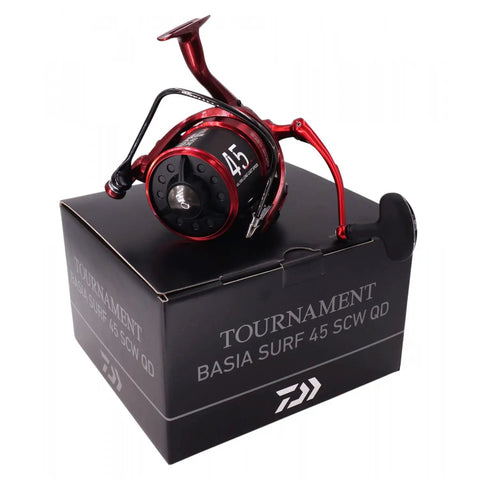 Basia Surf 45 SCW QD Surfcasting Reel displayed on box, metallic red and black
