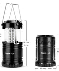 LED Lanterns Battery Powered For Camping And Outdoors, Collapsible design with measurements showing open and closed states, IPX4 water resistant