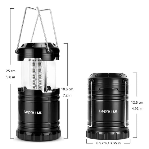 LED Lanterns Battery Powered For Camping And Outdoors, Collapsible design with measurements showing open and closed states, IPX4 water resistant