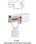 120V H-style 3-wire track system diagram and connector detail for track lighting installation.
