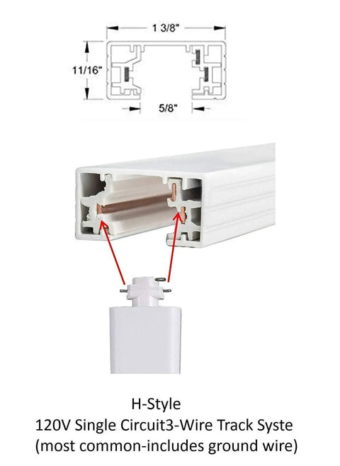 120V H-style 3-wire track system diagram and connector detail for track lighting installation.
