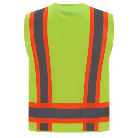 Kickin Hard On The Job With This Blaze Bright Hi Vis Safety Vest Packing 360 Degree Reflective Strips built tough, shown from the back.