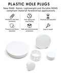 White 50 Mm Round Hole Plugs Set Of 6 for flush snap-in covers, screw hole caps, made of nylon for sheet metal panels and furniture.