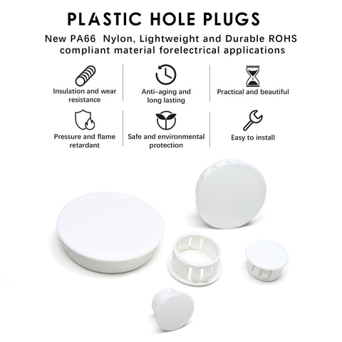 White 50 Mm Round Hole Plugs Set Of 6 for flush snap-in covers, screw hole caps, made of nylon for sheet metal panels and furniture.