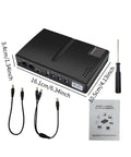 Portable Mini UPS Backup Power Supply For Routers And Wifi Modems 5V 9V 12V Outputs with manual and cables for easy setup.