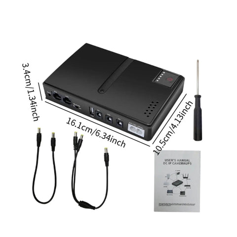 Portable Mini UPS Backup Power Supply For Routers And Wifi Modems 5V 9V 12V Outputs with manual and cables for easy setup.