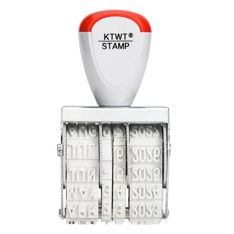 Slick 1.5 Inch Rubber Line Dater Stamp Featuring Quick Twist Dial Calendar, front view with clear rubber date rollers.