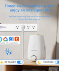 ZigBee Smart Power Strip Surge Protector With Four Independently Switched Outlets And Two USB Ports Requires Smart Hub For No Sweat Alexa And Google Voice Control In Clean White on a shelf with a humidifier.