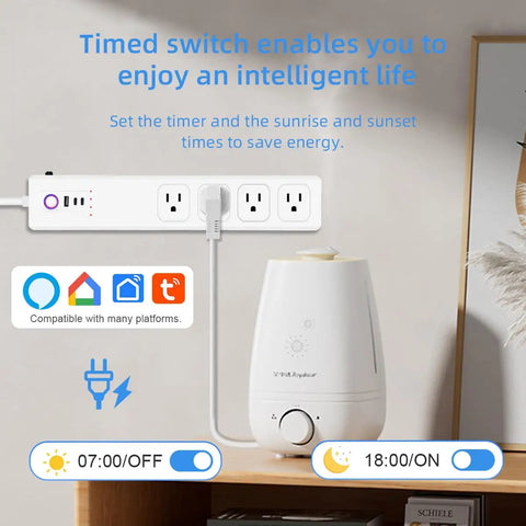 ZigBee Smart Power Strip Surge Protector With Four Independently Switched Outlets And Two USB Ports Requires Smart Hub For No Sweat Alexa And Google Voice Control In Clean White on a shelf with a humidifier.