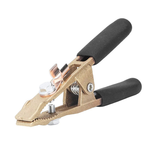 Solid Brass Grounding Work Clamp With 40mm Jaw For Big Current Welding Jobs Like Argon Arc And Sheath Use At The Shipyard Heavy Duty And Totally Ready To Hook Up, showing 40mm jaw and rubber grips.