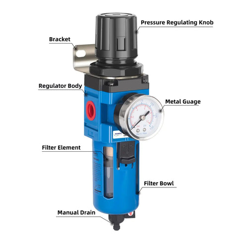 3/4 Inch NPT Air Filter Regulator Combo Piggyback With 5 Micron Brass Element Poly Bowl Manual Drain Metal Bracket 0-150 Psi Gauge AW4000-06M