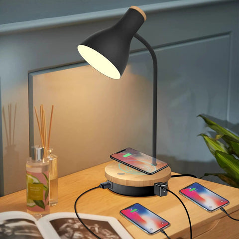 Metal Desk Lamp With Dope Wireless Charging Pad And USB Port 3 Way Dimmable Arc Bedside Light Touch Control Reading Lamp for bedroom