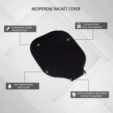 Durable Neoprene Racket Cover with Full Zip Protective Sleeve for Pickleball Paddles and Tennis Rackets, cushioned padding, black.