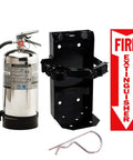 Two Pack Class K Kitchen Fire Extinguisher With Built Tough Steel Mount Bracket And Easy View Safety Sign For Commercial Grade Grease And Fryer Fire Defense with black holder and safety sign.