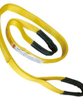 Nylon Lifting Sling Tow Strap With Flat Eye To Eye Two Ply Construction, yellow strap with black reinforced ends.
