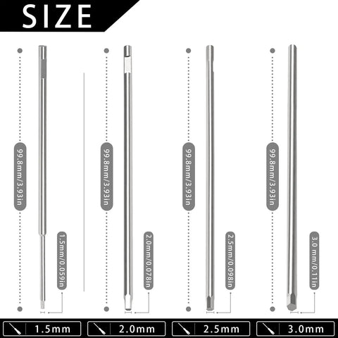 Four different sizes of screwdriver bits ranging from 1.5mm to 3.0mm, focus on 1.5mm Hex Screwdriver Bit Set 4 Piece Precision Pro Grade Anti Stripping Allen Key Bits Heavy Duty Steel For RC Cars Drones 3C Gear DIY Projects And Furniture Repair, with length measurements shown vertically next to each bit.
