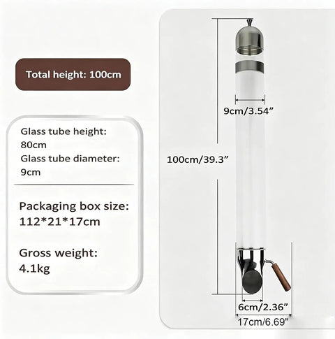 Wall Mounted Coffee Bean Dispenser With Adjustable Flow Valve For Candy Oatmeal And Bulk Tea Storage Clear Glass Jar, 100cm height.