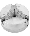 Pro Level Three Jaw Lathe Chuck With M12 M14 And 8 TPI Threads Rock Solid Zinc Alloy Build showing three jaws and mount back.
