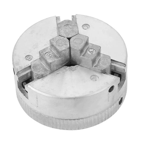 Pro Level Three Jaw Lathe Chuck With M12 M14 And 8 TPI Threads Rock Solid Zinc Alloy Build showing three jaws and mount back.
