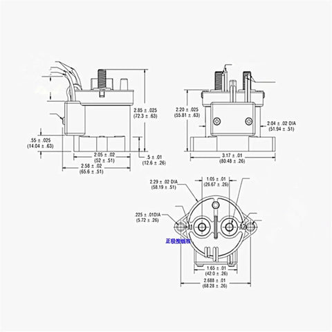 Beast Mode EV200 Heavy Duty High Voltage Relay Contacts technical dimensions diagram for electric cars and hybrid batteries.