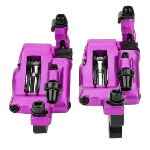 Heavy Duty Hydraulic Disc Brake Set Built Different With Reinforced Aluminum Calipers Delivers Buttery Smooth Stopping Action Fast To Install For Mountain Road And Electric Bikes showing pink aluminum calipers.