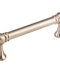 Brushed Satin Nickel cabinet handle from Kara Pull Serene Collection, 3-3/4 Inch center, zinc alloy, top knobs, sleek modern design.