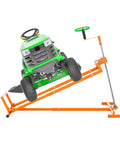Livoccur Lawn Mower Lift Jack Heavy Duty Platform 882 Lbs Capacity For Garden Tractors angled with green mower, showcasing adjustable height and manual handles.