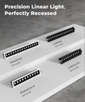 No Hassle 15W Linear Recessed Downlight With Sleek Black Trim in three lengths on display for indoor use.