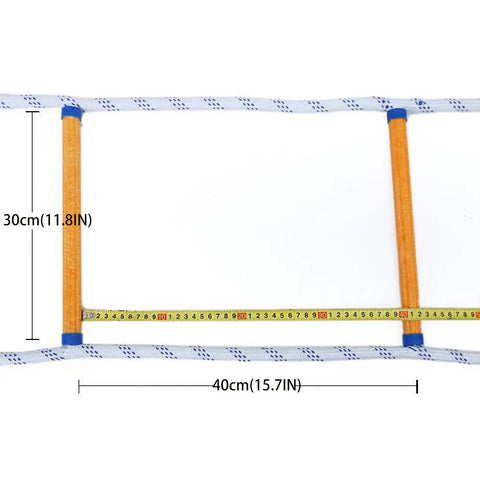 Ladder rung detail of 16 Foot Fire Escape Rope Ladder For 2 To 3 Story Homes Emergency Escape With Quick Deploy In Seconds No Tools Needed Fits Window Or Balcony Access Durable And Safe Lifesaver Rescue Gear showing 30cm spacing and 40cm wide rungs.