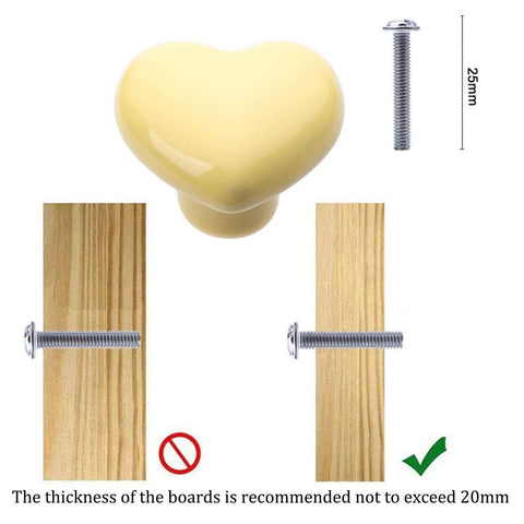 Fresh Heart Shaped Ceramic Drawer Pulls Smooth Glossy Finish Top Shelf Furniture Knobs Yellow set with screws and installation guide.