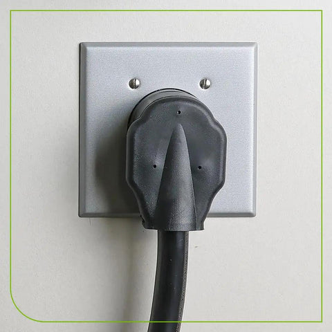 Two-Gang Flush Mount 2.15 Inch Device Receptacle Wall Plate installed on wall, aluminum steel, smooth finish, with plug inserted