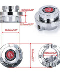 Dimensions of chrome-silver manual adjustable fuel pressure regulator kit with gold plated fittings for carburetor systems